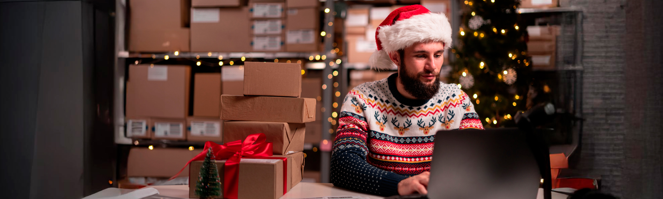 Small business owner wearing a Santa hat in warehouse decorated for Christmas