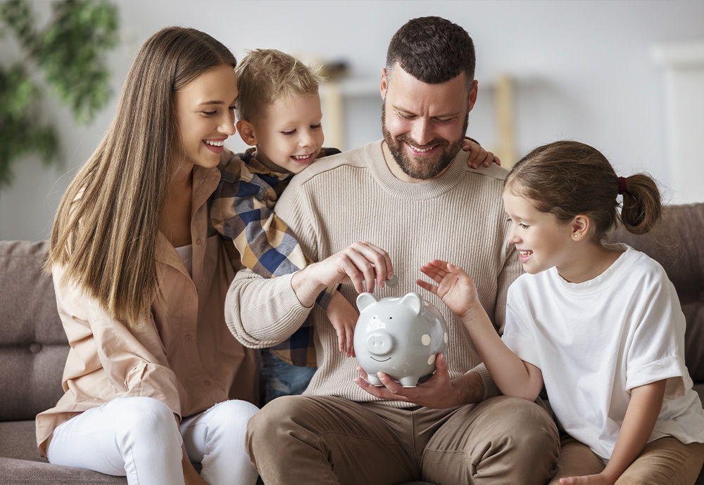 family with piggy bank