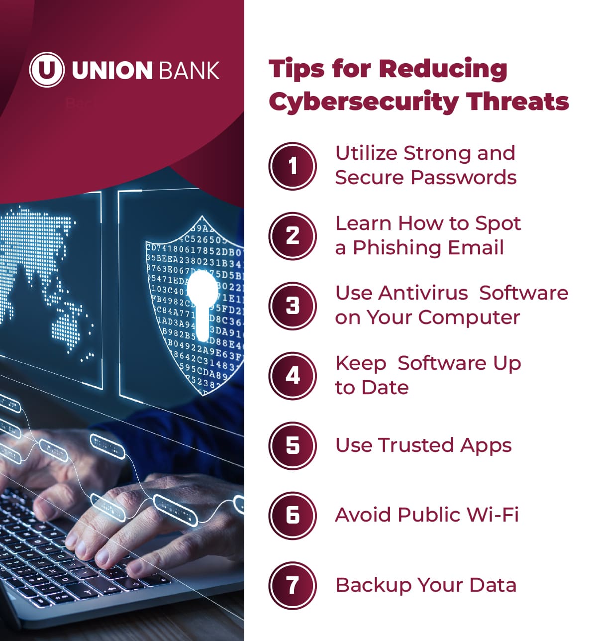 Tips for Reducing Cybersecurity Threats: *Utilize Strong and Secure Passwords *Learn How to Spot a Phishing Email * Use Antivirus Software on Your Computer *  Keep Software Up to Date *Use Trusted Apps * Avoid Public Wi-Fi * Backup Your Data